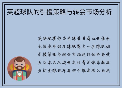 英超球队的引援策略与转会市场分析